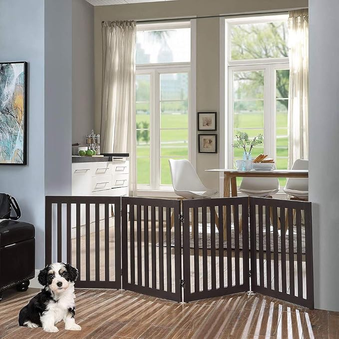 unipaws 24”H Free Standing Pet Gate for Dog Cat, 80”Wide Wooden Dog Gates | Foldable Pet Fence for Doorway, Stairs, Step, Expandable Doggy Barrier, Indoor Use