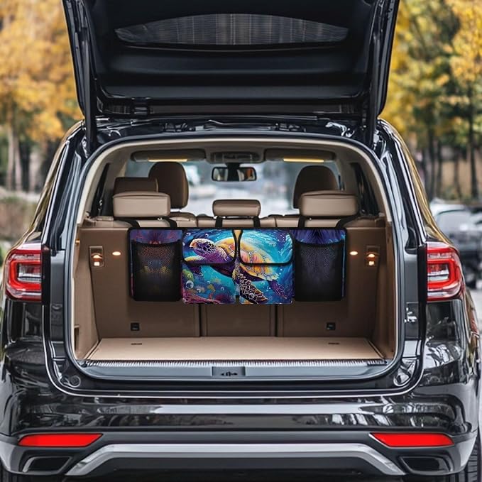 Dreaweet Car Trunk Organizer Back Seat Hanging Storage with 4 Large Pockets,Turtle Car Accessories for Women Men Collapsible Car Seat Back Storage Mesh Net Bag Trunk Organizer for SUV Sedan Trucks Van