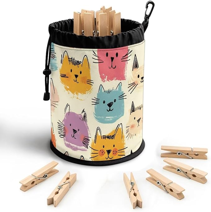 Cat Clothespin Bag for Clothesline Outdoor, Clothes Pin Bag with Drawstring Closure, Large Opening, Large-Capacity Clothespin Storage Organizer with Hooks