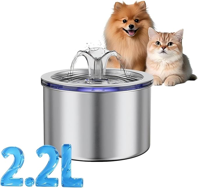 74oz/2.2L Stainless Steel Cat Water Fountain, Automatic Pet Water Dispenser for Cats and Small Dogs, 304 Stainless Steel, Ultra-Quiet Pump, Night Light, Auto Shut-Off for Water Shortage