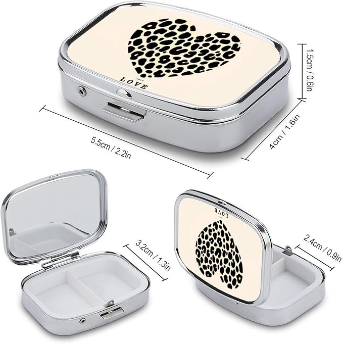 Leopard Print Heart Durable Metal Pill Case for Daily Use, 2 Slot Medicine Box Organizer,Leak Proof Travel Pill Container for Vitamins, Compact Pocket Medicine Holder for Seniors,Holiday Gift