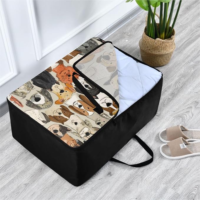 Comforter Storage Bags Large Folding Blanket Organizer Bag with Strong Handles Clear Window Closet Storage Containers for Clothes King Queen Pillows Bedding Quilt Duvet Beige Cute Pet Dogs