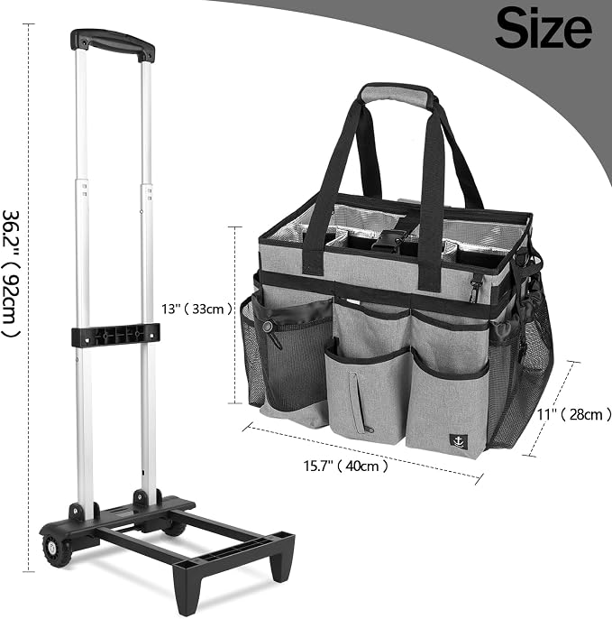 Extra Large Rolling Cleaning Caddy Bag with Detachable, Foldable Trolley Portable Cleaning Cart for Housekeeping Cleaning Caddy with Adjustable Shoulder Strap and Multiple Storage Pockets