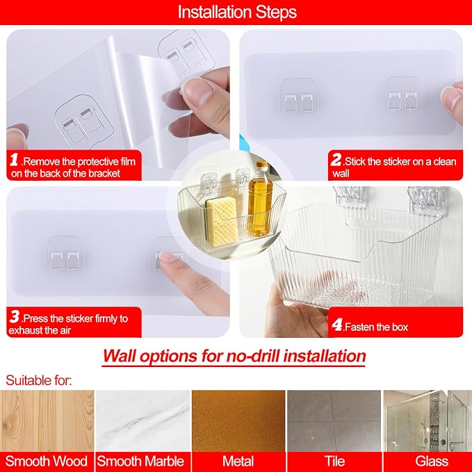 Under Sink Sponge Holder, Cabinet Door Organizer, Stackable PET Organizer, Adhesive Wall Mounted Storage Bins for Kitchen Bathroom Pantry, Clear