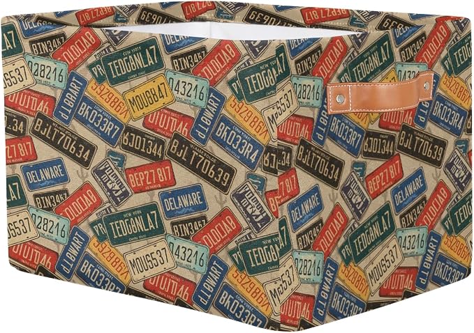 SEULIFE Vintage Car Number Plates Foldable Storage Basket, Large Collapsible Organizer Storage Bin Cube Toys Storage Boxes with Handles for Bathroom Kids Nursery Closet Storage, 1 Pack
