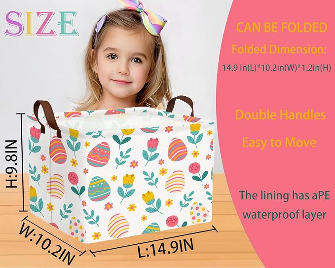 Large Rectangular Easter Baskets Empty Waterproof Boy Toy Box Foldable Kid's Gifts Storage Bin Spring Room Decor(Rose Egg)