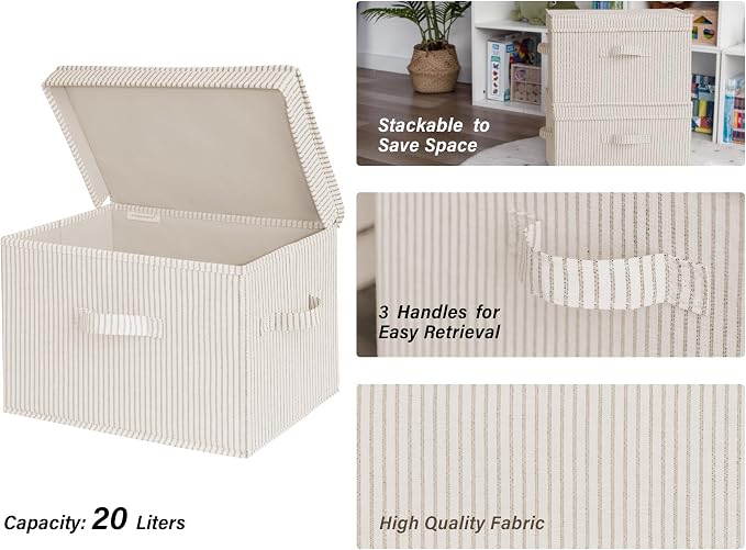 StorageWorks Fabric Storage Bins with Lids, Closet Storage Bins | Flip-Top Lid, 3 Handles, Collapsible, Stackable, for Clothes Blankets, Multi-Purpose, Large, Khaki and Beige Stripes, 2-Pack