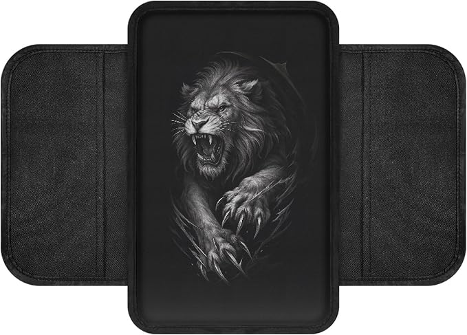 Howilath Black Lion Car Armrest Cover, Arm Rest Covers for SUV Sedan | Machine Washable. Auto Accessories with 2 Side Pockets for Storage, Easy Stretch-on Install