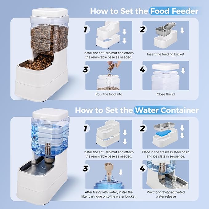 Automatic Cat Feeder and Water Dispenser with Stainless Steel Bowl with Ice Pack Gravity Food Feeder and Waterer Set Feeding Raised Bowls with Filter for Dog 1.3 Gallon x 2(White)