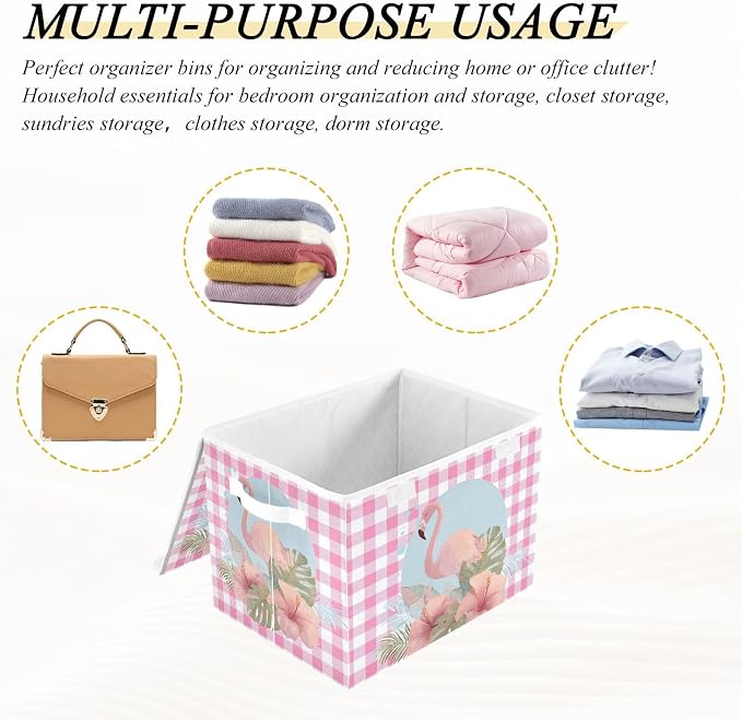 Fabric Storage Bins with Lid Flamingo Foldable Storage Boxes 40L Baskets | Decorative Storage Boxes, 300D Oxford Cloth, Hollow Board Frame, Flip Top Velcro Lid, 16.5x12.6x11.8 inch, Collapsible Design