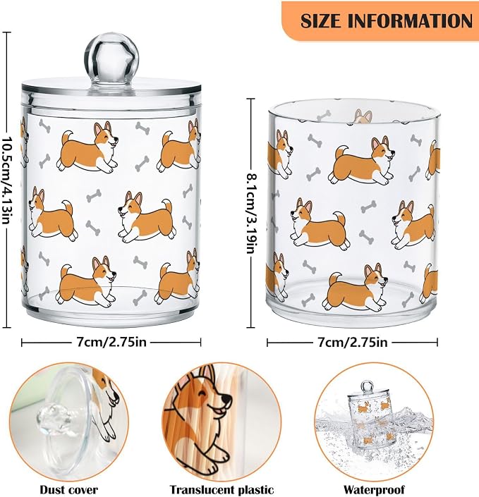 DOMIKING 2 Pack Plastic Cotton Swab Ball Pad Holder Cute Pets Dogs White Print Jars Bathroom Storage Organizer Vanity Canister Jar with Lid for Cotton Rounds Floss Picks Bath Salts