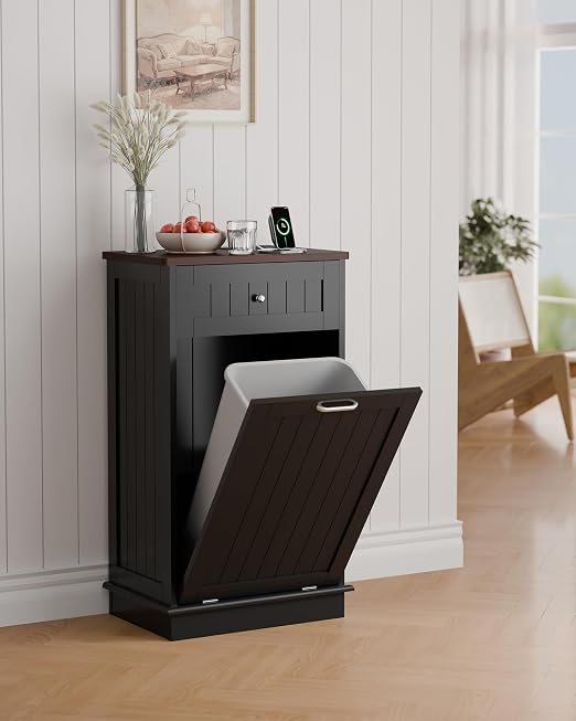 Betterhood Single Tilt Out Trash Cabinet with Power Outlet, Wooden Hidden Garbage Can Holder with a Big Storage Drawers for Kitchen, Living Room, Laundry, Black