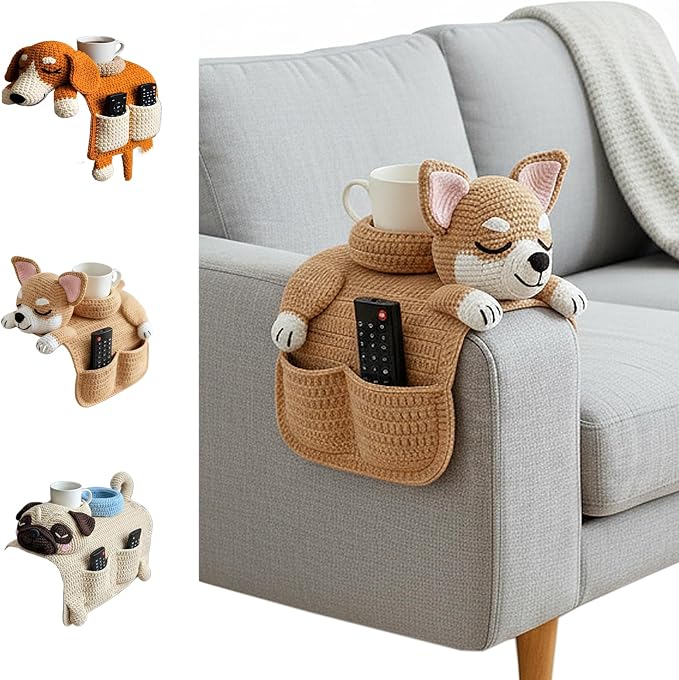 Crochet Sofa Armrest Organizer with Cup Holder, Cute Dog & Cat Shaped Couch Caddy, Anti-Slip Remote Control Holder for Recliner, Handmade Storage Pocket for Tablet, Gifts for Pet Lovers (Beige)
