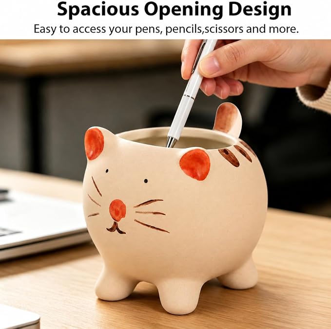 Ceramic Cat Shaped Pen Pencil Holder for Desk Decoration Accessories Cat Decor Makeup Brush Pen Cups Office School Ideal Gifts for Women, Mom or Birthdays
