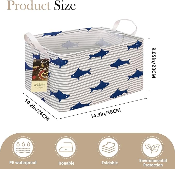 Rectangle Foldable Storage Basket Handles For Home, Shark | Waterproof canvas material, reinforced handles, perfect for shelf use, organizes clothes, daily items and pet supplies