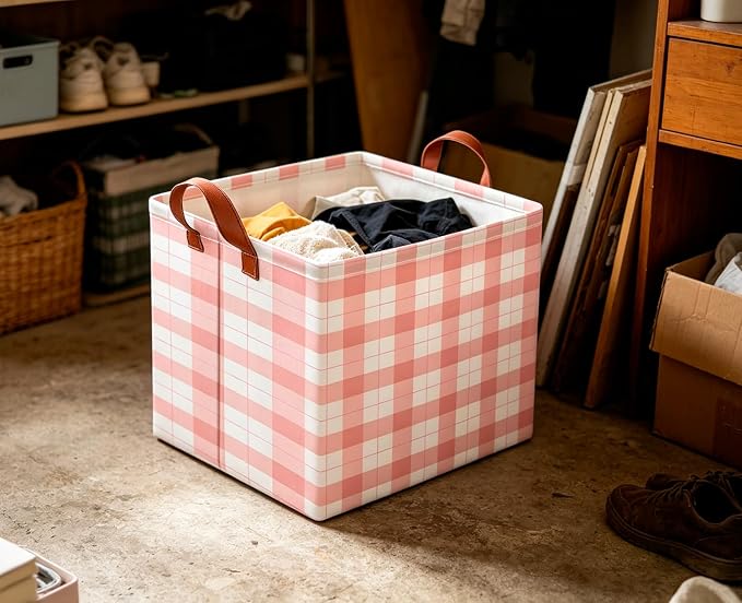 CLOCOR Rectangular Storage Basket,Collapsible Storage Bin,Waterproof Books Box with Handles,Gift Basket(Pink Grid)