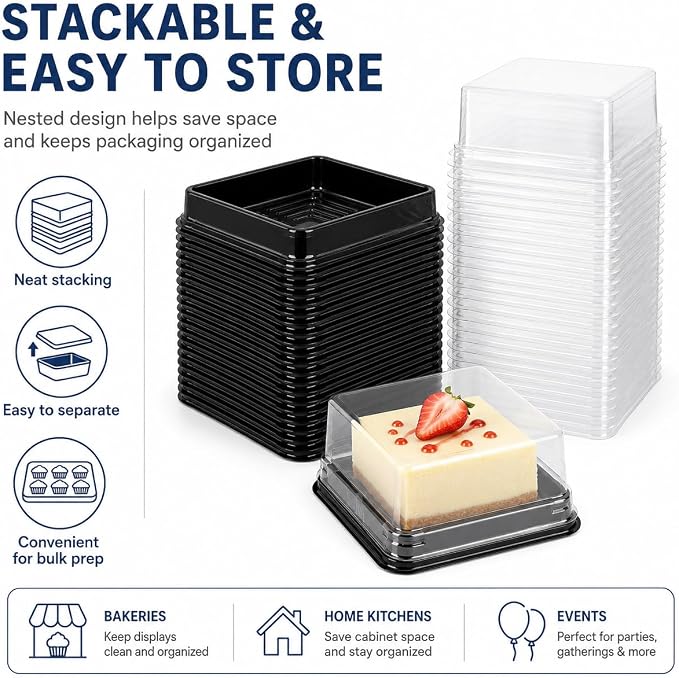 DOITOOL 100 Pcs 3 Inch Mini Cake Containers Plastic Square | Individual cupcake containers with lids, mini cake boxes for muffin mooncake, macarons, dessert, wedding birthday supplies