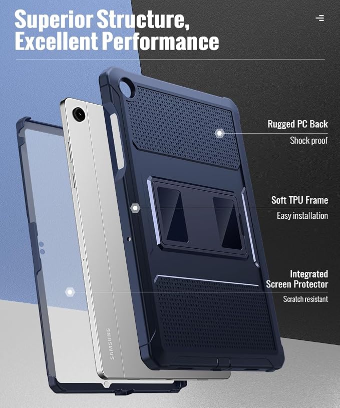 MoKo Shockproof Case Fit Samsung Galaxy Tab A11+ Plus/ A9+ 11 Inch | Full Body Rugged Stand Back Cover with Built-in Screen Protector for Galaxy Tab A11+/ A9 Plus Tablet, Dark Blue