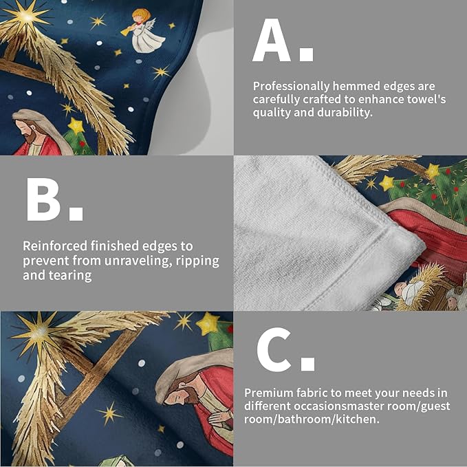 Giwawa Xmas Decorative Towel Set of 2, Blue Holy Night Soft Hand Towels, Winter Holiday Nativity Fast Dry Microfiber Face Towel Washcloth for Bathroom Guest Gym Spa Hotel