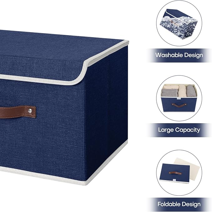ANMINY Fabric Storage Box Bins with Lids, Blue, 15"x10"x10" | Keepsake Memory Storage, Cotton Linen, PP Board Reinforced, Washable, PU Handles, Foldable & Stackable, Decorative, Large
