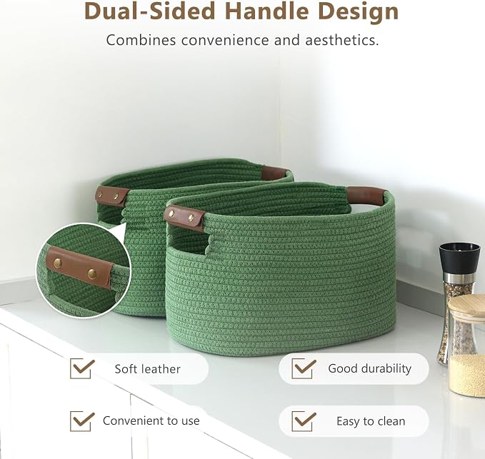 ECDYQXVU 15x10x9 Woven Cotton Rope Storage Basket, Leather Handles 3 Pack | Foldable Design, Sturdy PU Handles, Easy to Clean Organizer for Living Room, Closet, Shelves, Bedroom, Laundry, Clothes