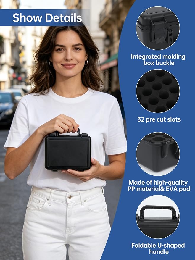 3ml Peptide Case for Fridge+Space for Peptide Injector & Needles 32-Slot | Larger Capacity, Shock-absorbing EVA Foam, Portable Handle, Small Size, Waterproof Material, Sturdy Double Lock Buckle
