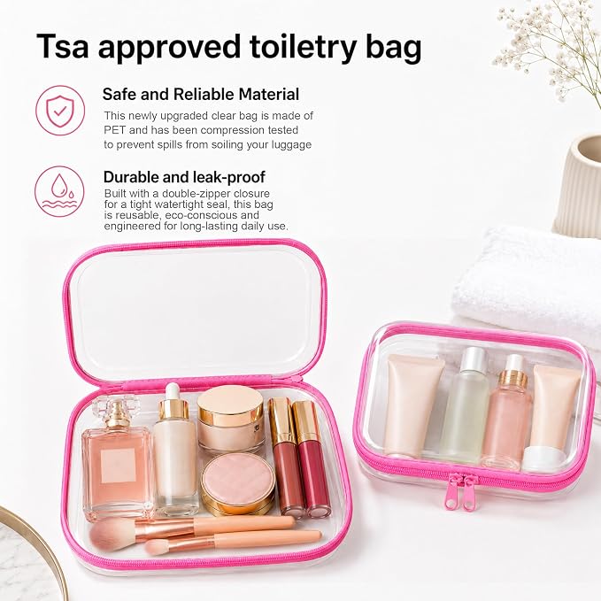 3 Pack Clear Hard Shell Zipper Case (1XL + 1L + 1M, Pink) | Travel Toiletry Bag, Waterproof 1.2mm PET Hard Plastic Pouches, Organizer Box for Makeup, Toy, Snack, Stationery, Diaper