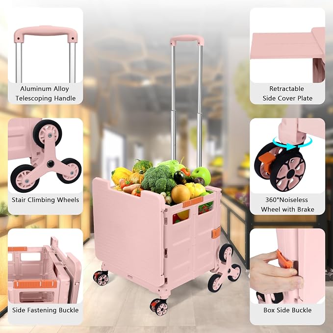 Foldable Utility Cart Collapsible Portable Crate Rolling Carts with Stair Climbing Wheels Tote Basket with Magnetic Lid Telescopic Cover Wear-Resistant 360°Rotate Wheel Noiseless for Shopping Office