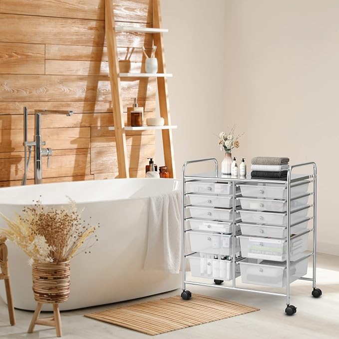 12 Drawer Rolling Storage Cart, Art Cart Organizer on Wheels, Mobile Utility Cart with Drawers, Multipurpose Craft Drawers for Home Office School Classroom (Clear)