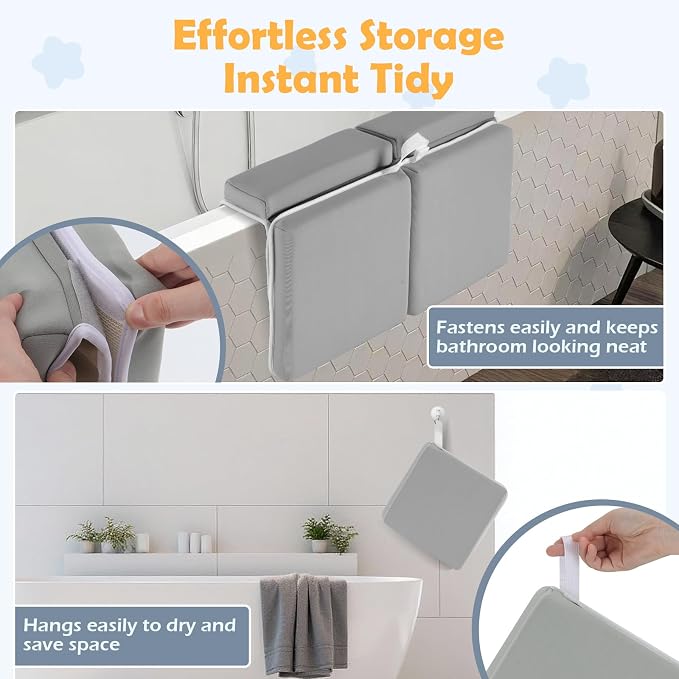Baby Bath Kneeler and Elbow Rest Pad Set, Gray | 1.5" Thick Soft Memory Foam, Bath Toys Organizer, Non-Slip, Quick-Dry, Foldable, Gift for Parents