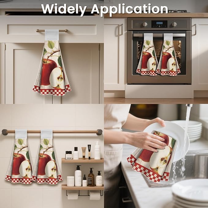 CUTHOLLOW Retro Apples Hanging Kitchen Towels with Loop, Set of 2 - Soft & Super Absorbent Microfiber Decorative Hanging Dish & Hand Towel, Tea, Coffee Towel for Kitchen Bathroom Oven Handle