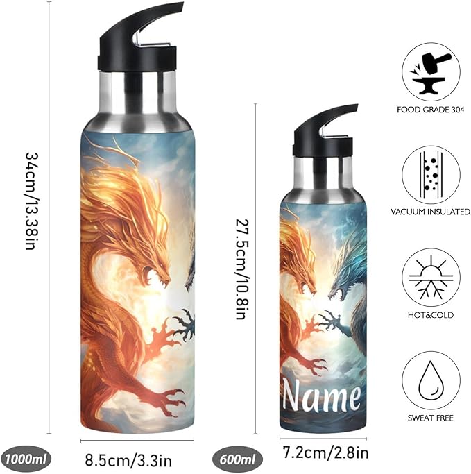 Custom Name Dragons Water Bottle with Straw Lid Kids Insulated Stainless Steel Water Flask Sports, 20 Oz Hot Cold