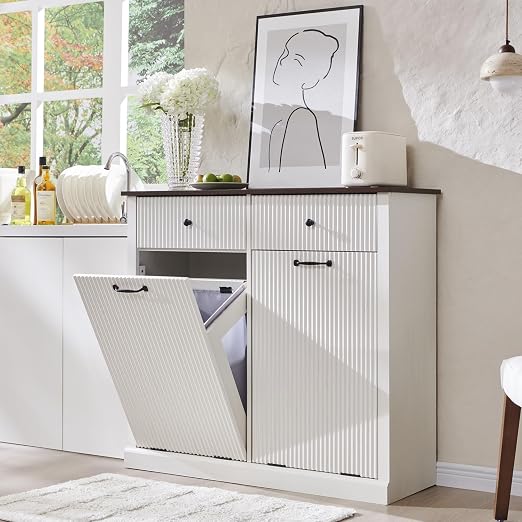 IFGET Double Tilt-Out Trash Cabinet, Laundry Hamper Cabinet, Antique White