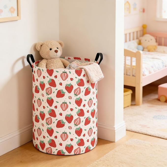 Strawberry Fabric Storage Bin Nursery Organizer Basket | Organizer Bin Dirty Clothes Collapsible Waterproof for College Dorms, Boys and Girls Bedroom,Bathroom