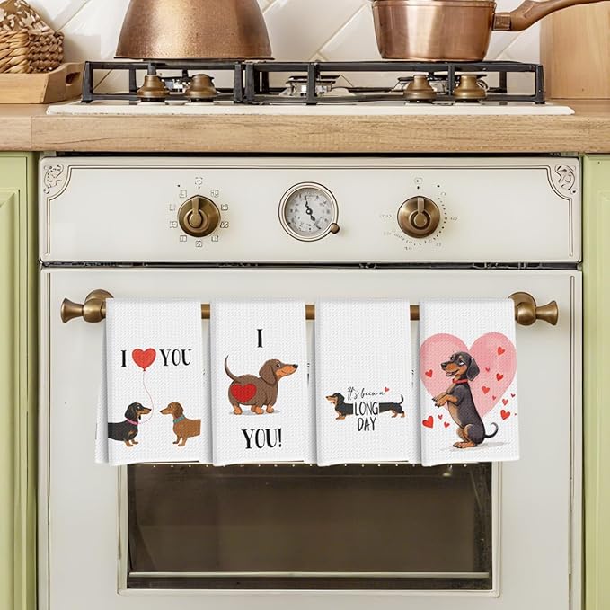 4 Pcs Dachshund Kitchen Towels 24x14 Inch, Dachshund Gifts Reusable Dish Towels for Kitchen Bathroom Decor, Waffle Weave I Love You Hand Cloth Tea Towel, Cute Dog Valentine's Gifts for Girlfriend Wife