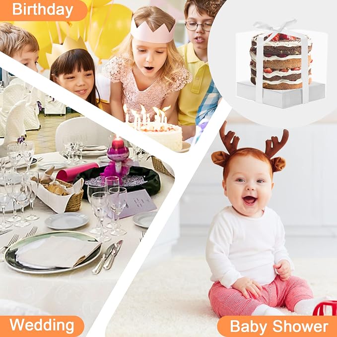 12 PCS Clear Cupcake Boxes 3.5 Inch Cupcake Containers (Silver) | Disposable Cupcake Carrier Plastic Individual Cupcake Storage Holder with Ribbons and Inserts for Wedding, Birthday Party