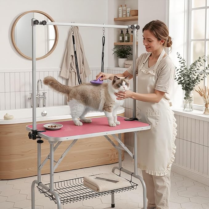 VINGLI Dog Grooming Table, Adjustable Cat Grooming Desktop with Arms and Storage Basket, Pet Grooming Stand at Home (Pink, 36 inch)