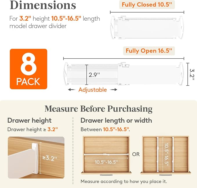 Lifewit 3.2" High Drawer Dividers for Clothes, Adjustable Drawer Organizers | 10.5"-16.5" Expandable Plastic Separator for Dresser, Kitchen, Cabinet, Closet, Nursery, Socks & Underwear Storage, 8 Pack