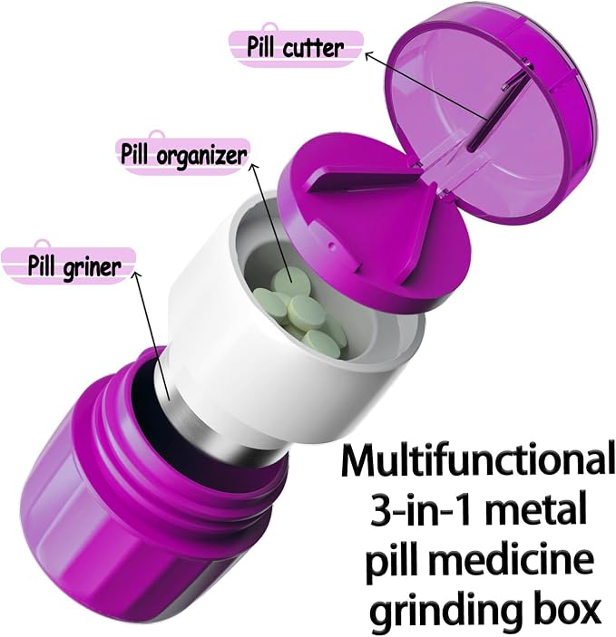 Pill Cutter Splitter for Small and Tiny Pills Vitamins Tablets, Built-in Storage Compartment, Pill Crusher Fine Powder with Stainless Steel Grinding Head,Pills Grinder with Pill Box Organizer (Purple)
