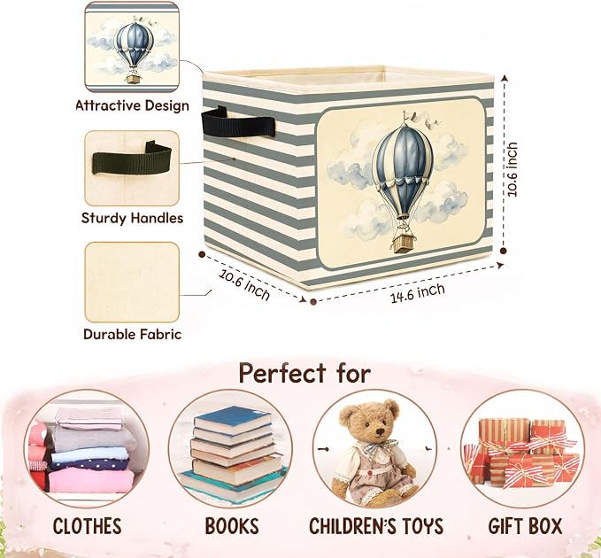 Hot Air Balloon Storage Bin, Blue Gray Stripe Foldable Fabric Basket | Foldable hot air balloon fabric organizer for nursery, bedroom, playroom, toys, books, and clothes