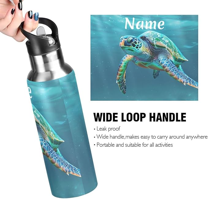 Custom Name Turtle Teal Underwater Water Bottle with Straw Lid Kids Insulated Stainless Steel Water Flask Sports, 20 Oz Hot Cold