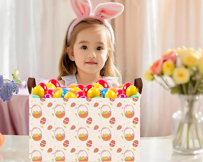 Large Rectangular Easter Baskets Empty Waterproof Boy Toy Box Foldable Kid's Gifts Storage Bin Spring Room Decor(Small Round Dot Gift Basket Egg)