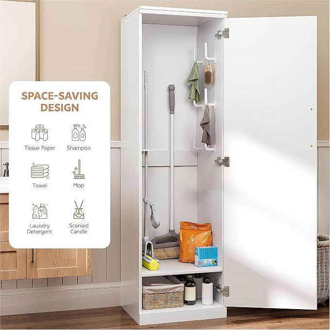 Broom Closet Storage Cabinet, 65" H Slim Utility Closet White | with Door and Shelf, Tall Vacuum Storage Cabinet with Hooks for Cleaning Tool, Broom Closet Organizer for Bathroom, Garage