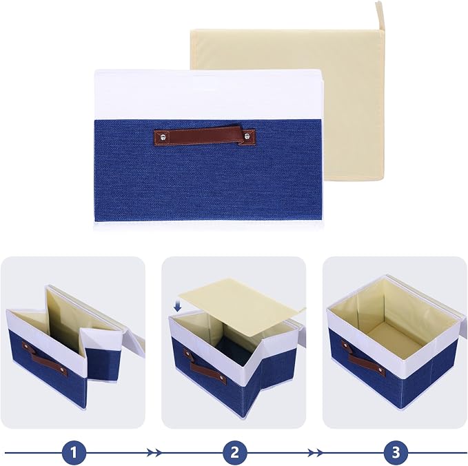 ANMINY Fabric Storage Box Bins with Lids, Blue White, 13"x9"x7.9", 2 Pack | Keepsake Memory Storage, Cotton Linen, PP Board Reinforced, Washable, PU Handles, Foldable & Stackable, Decorative, Medium