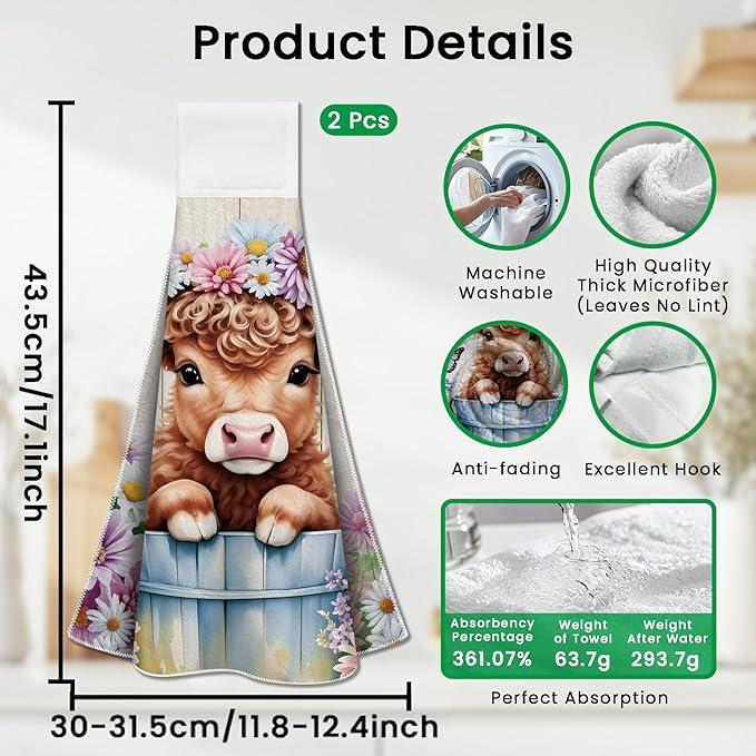 CUTHOLLOW Highland Cattle and Daisy Hanging Kitchen Towels with Loop, Set of 2-Soft & Super Absorbent Microfiber Decorative Hanging Dish & Hand Towel, Tea Coffee Towel for Kitchen Bathroom Oven Handle