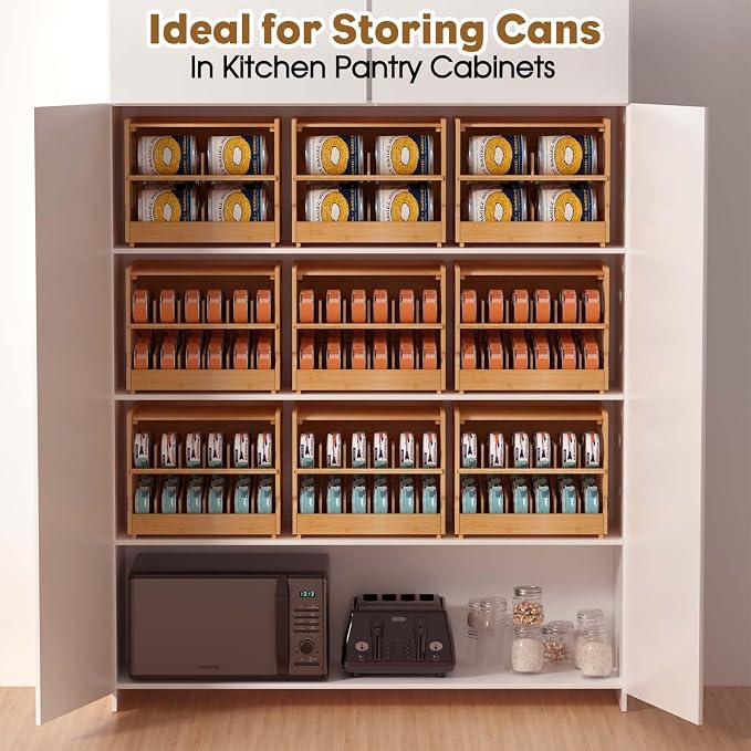 Stackable Bamboo Cat Food Can Organizer, Cat Canned Food Organizer Storage | 2-Tier Adjustable Stacking Can Dispensers, First-In & First-Out System, Holds Up to 36 Cans - for Pantry, Cabinet, Countertop
