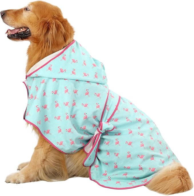 HDE Dog Bathrobe Super Absorbent Quick Drying Puppy Towel Wrap Coat Adjustable After Bath Robes with Hood for Dog Sizes S-XXL Flamingos XL