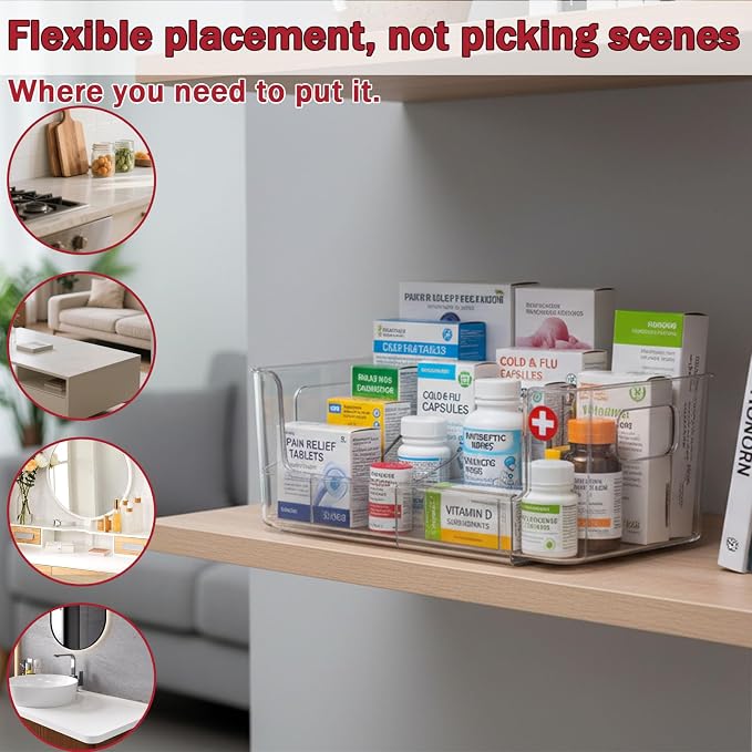 Clear Expandable Medicine Organizer for Cabinet & Countertop, Large First Aid Storage Bin with Removable Dividers, Adjustable 6-Compartment Medication Organizer Box for Bathroom Pantry