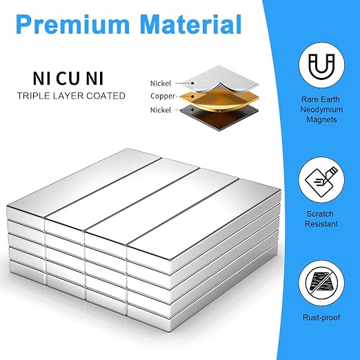 20 Pack 40x10x3 mm Rare Earth Neodymium Magnets | Powerful Small Strong Metal Rectangular Bar Magnetic Strip Magnet for Fridge Garage Kitchen Science Craft Office, Silver