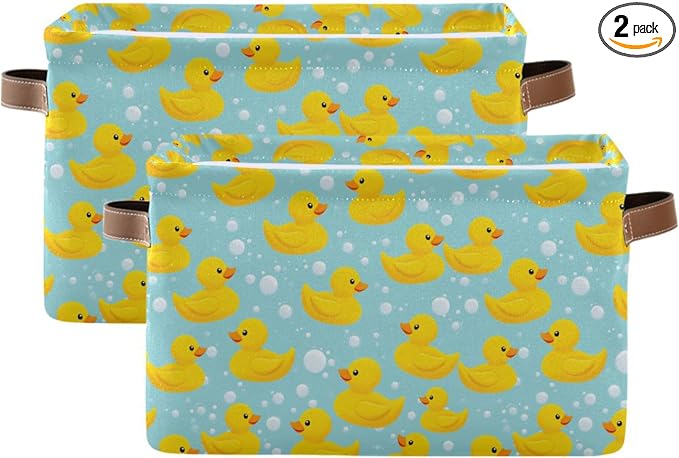Yellow Duck Cute Storage Basket Fabric Bathroom Baskets Blue Bath Bubble Open Home Storage Bins Boxes Foldable Organizer Bag for Baby Cloth Pet Toy Book Shelf Closet Baskets 16×12×8 Inches 2 Pack